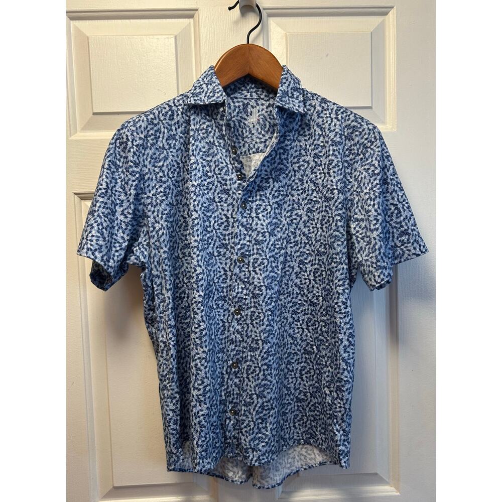 Johnnie O Men's Blue & White Patterned Short Sleeve Button-Down Shirt, Size L